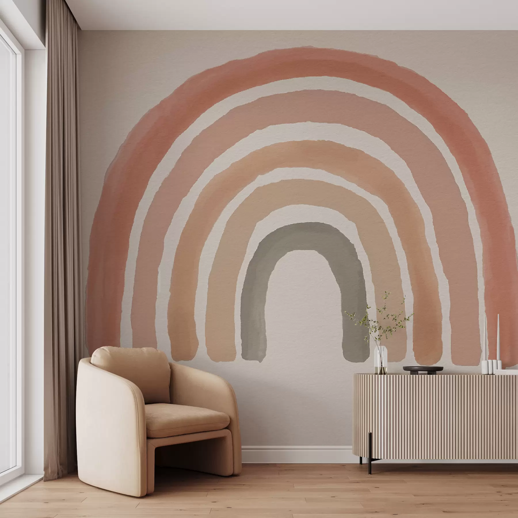 wall murals boho style wallpaper: coral peach, pink rainbow. Pastel Rainbow Wall Pink u93566