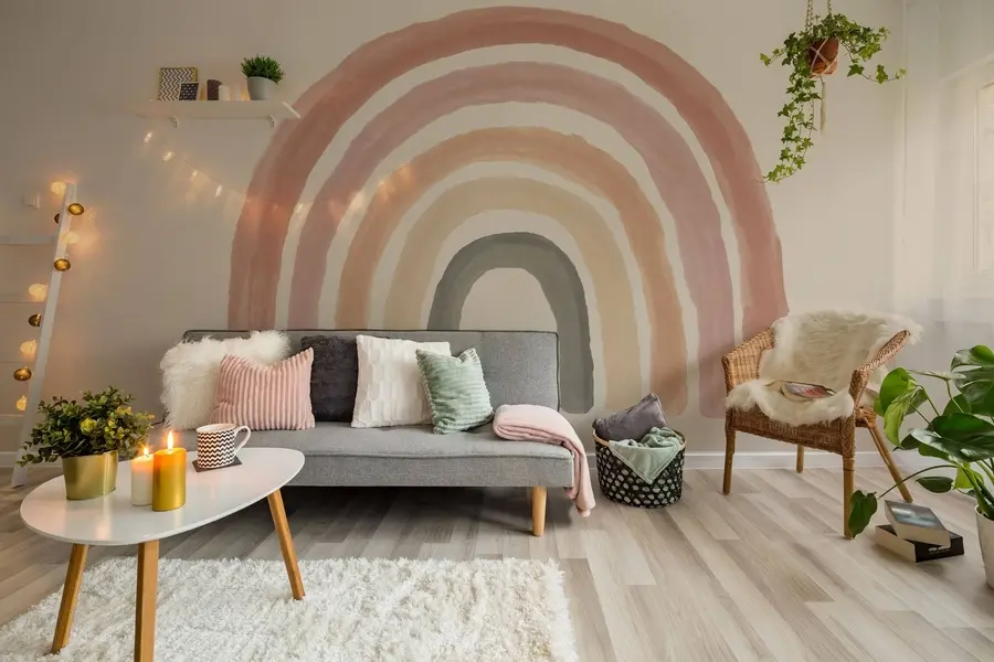 wall murals boho style wallpaper: coral peach, pink rainbow. Pastel Rainbow Wall Pink u93566