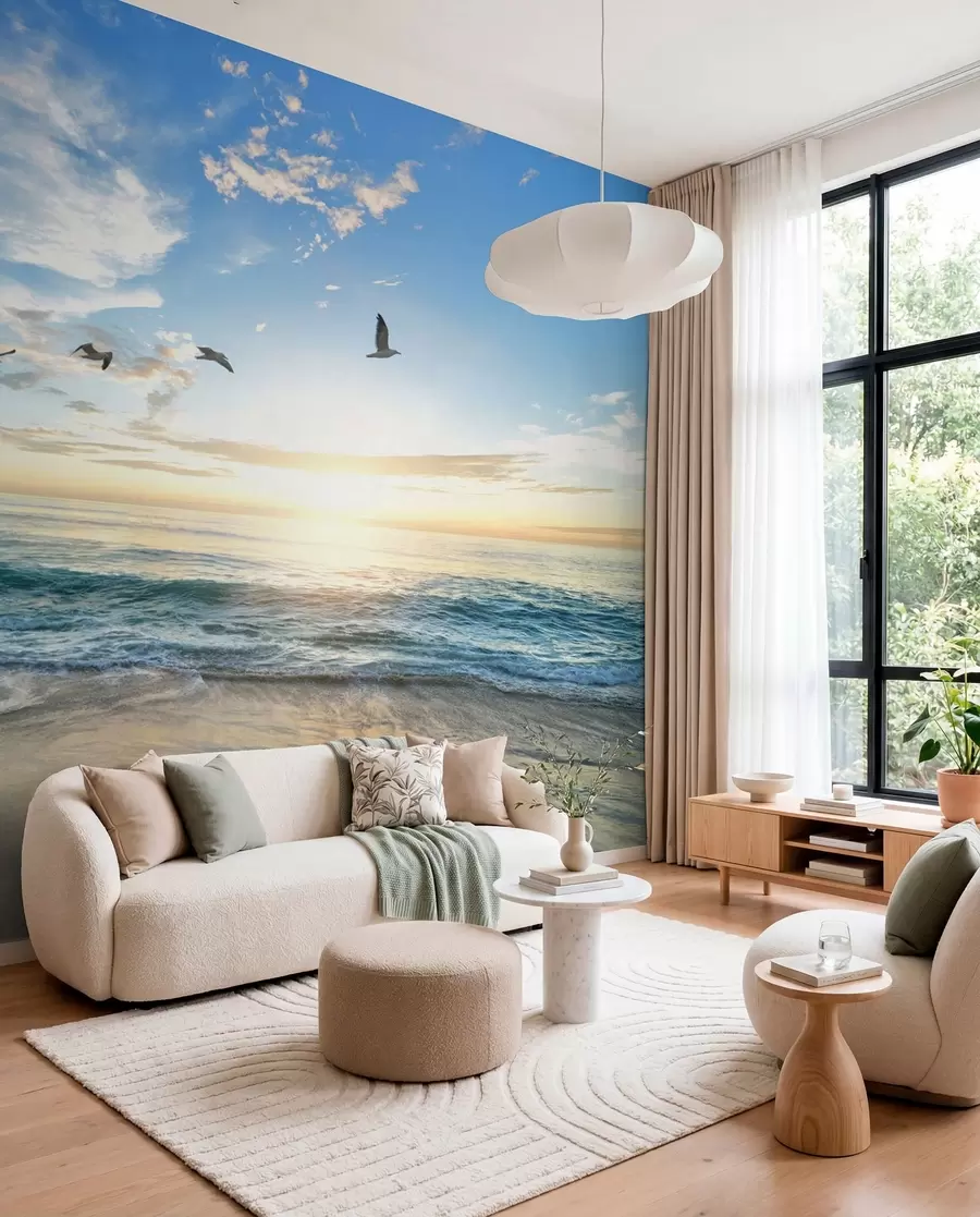 wall murals The seagulls and the sea at sunrise u93607