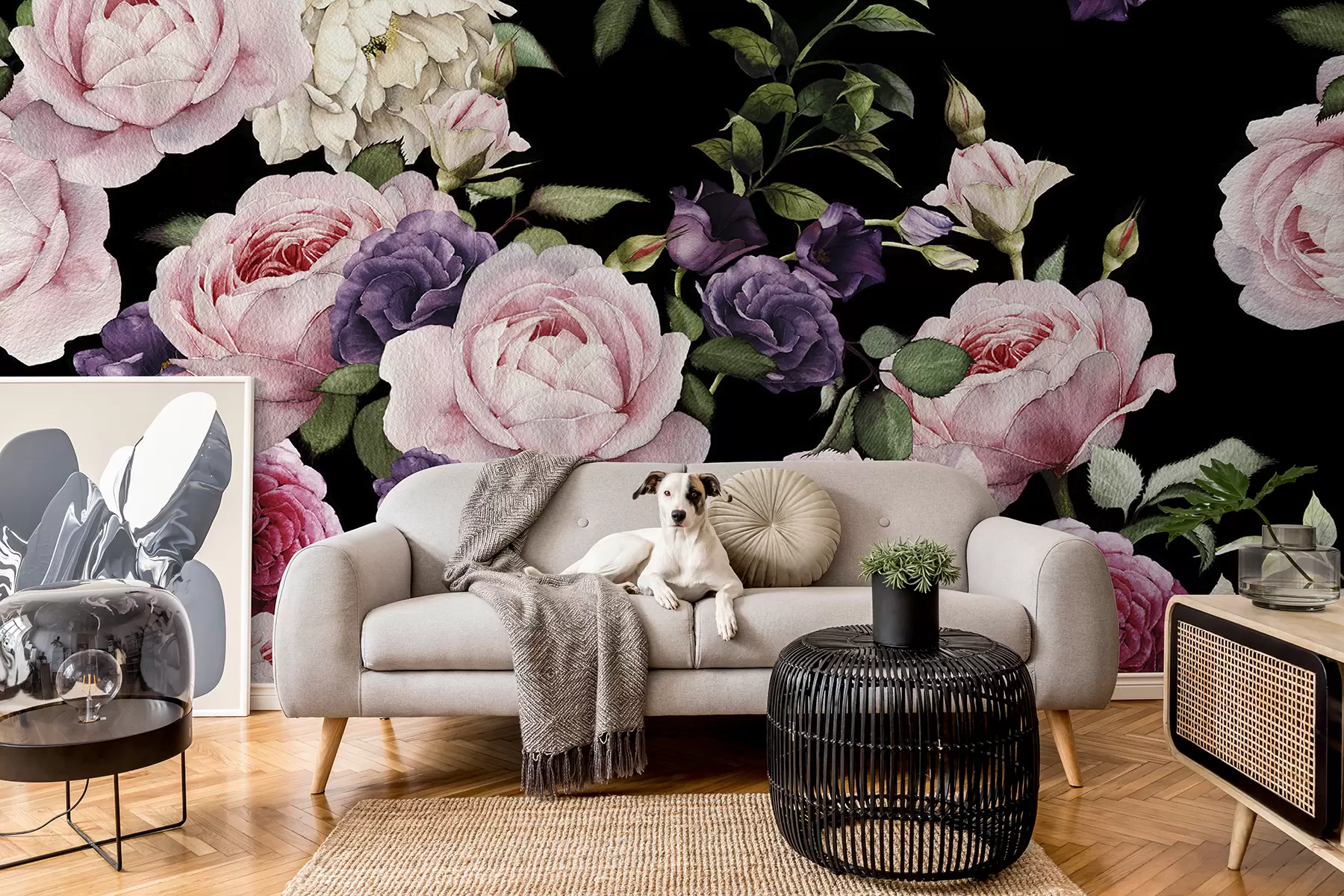 wall murals Rose wallpaper vintage - flowers in purple and pink tones - ideal for bed and living room u93612