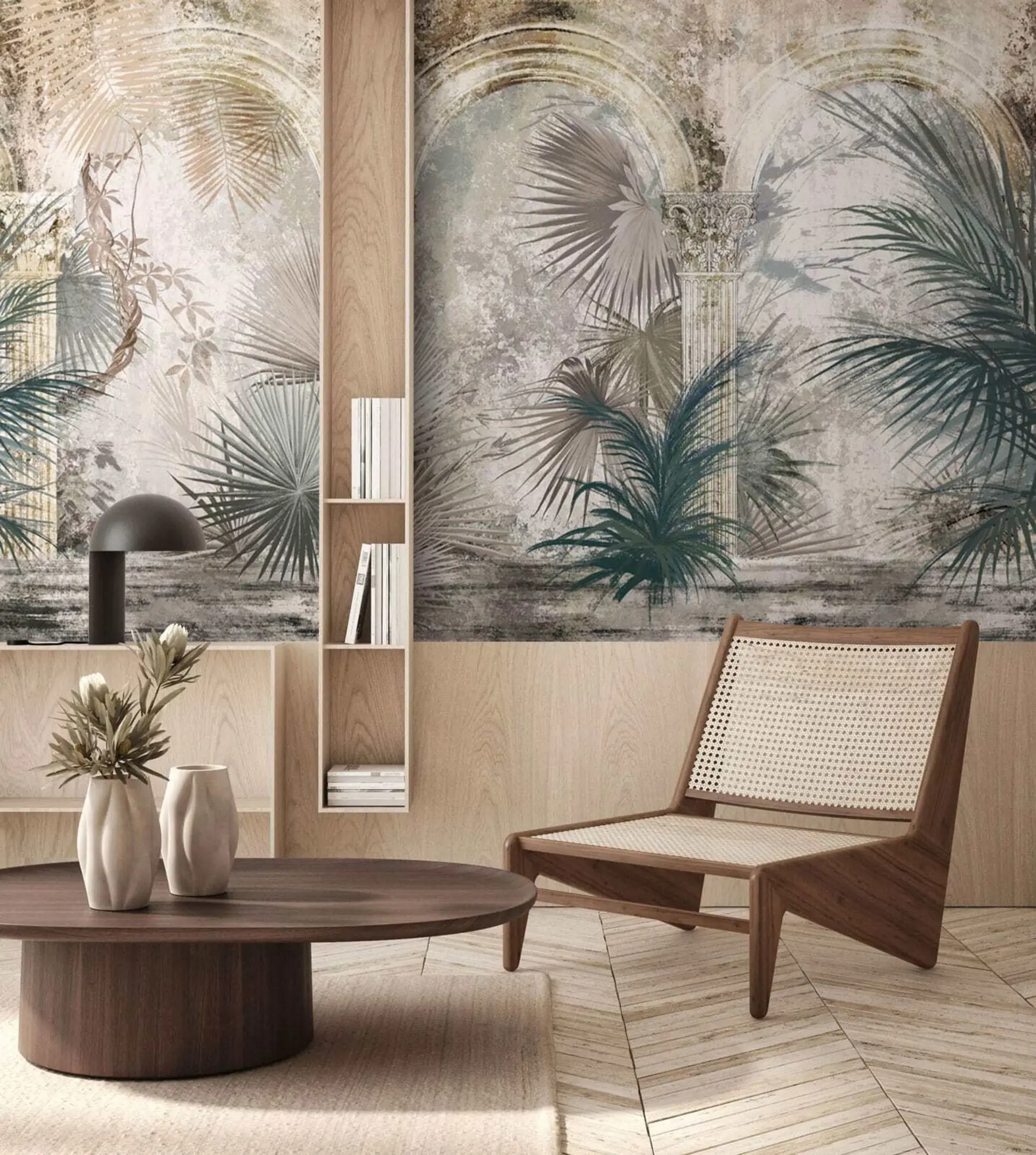 wall murals Among the columns are tropical, exotic plants and leaves u78667