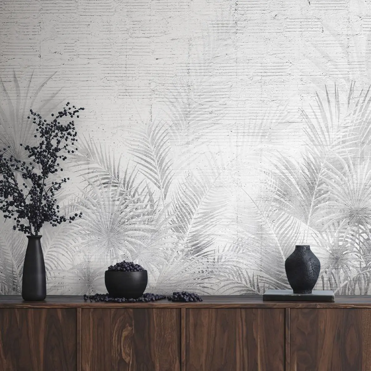 wall murals Black and white grunge wall with tropical leaves u74401