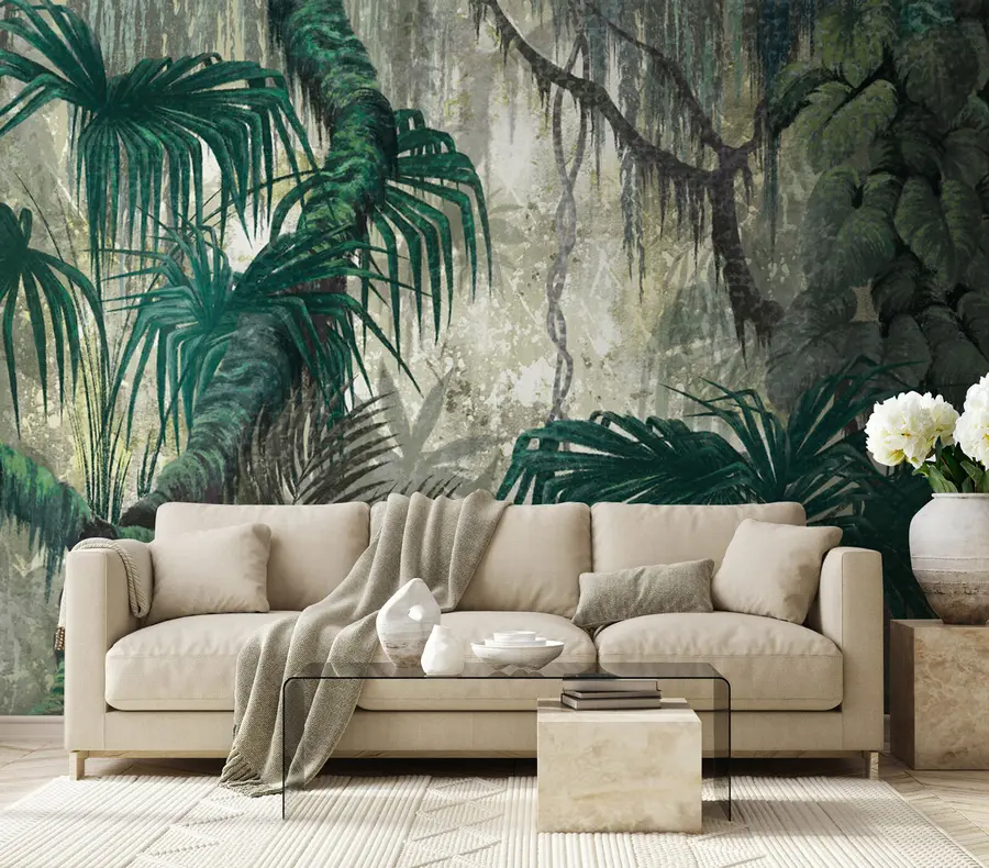 wall murals Tropical plants and trees on a textured background u78695