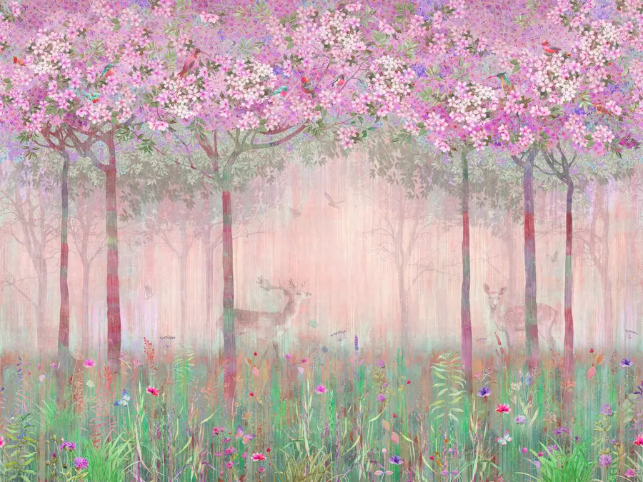 wall murals Flowering trees with long trunks, deer between the trees u62100v3