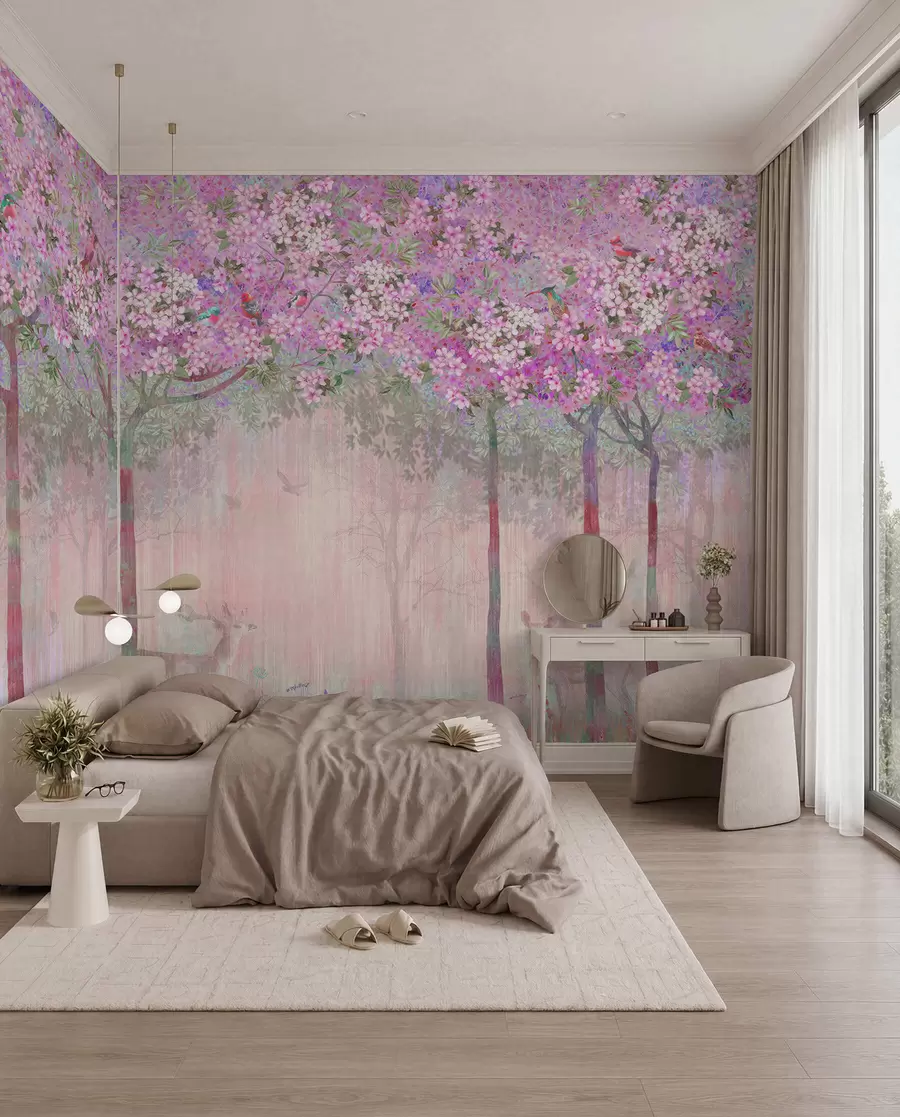 wall murals Flowering trees with long trunks, deer between the trees u62100v3