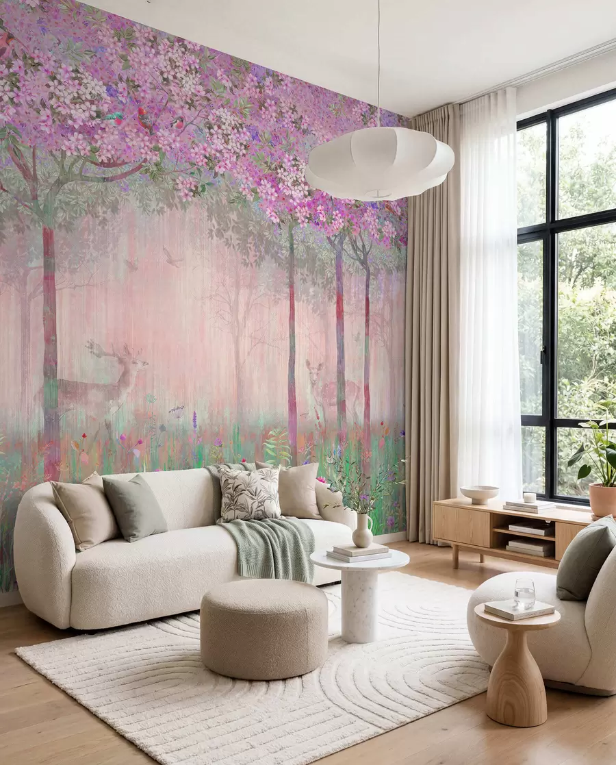 wall murals Flowering trees with long trunks, deer between the trees u62100v3