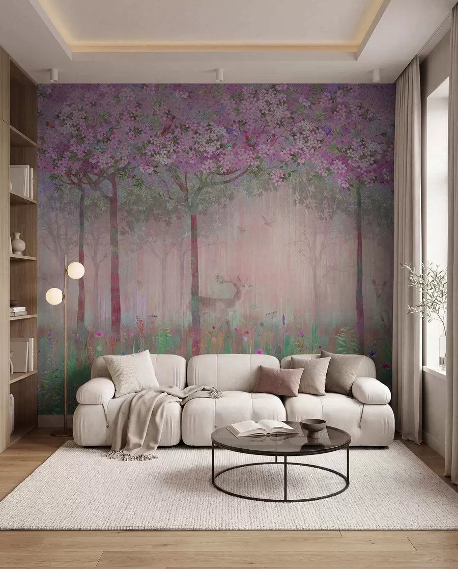wall murals Flowering trees with long trunks, deer between the trees u62100v3