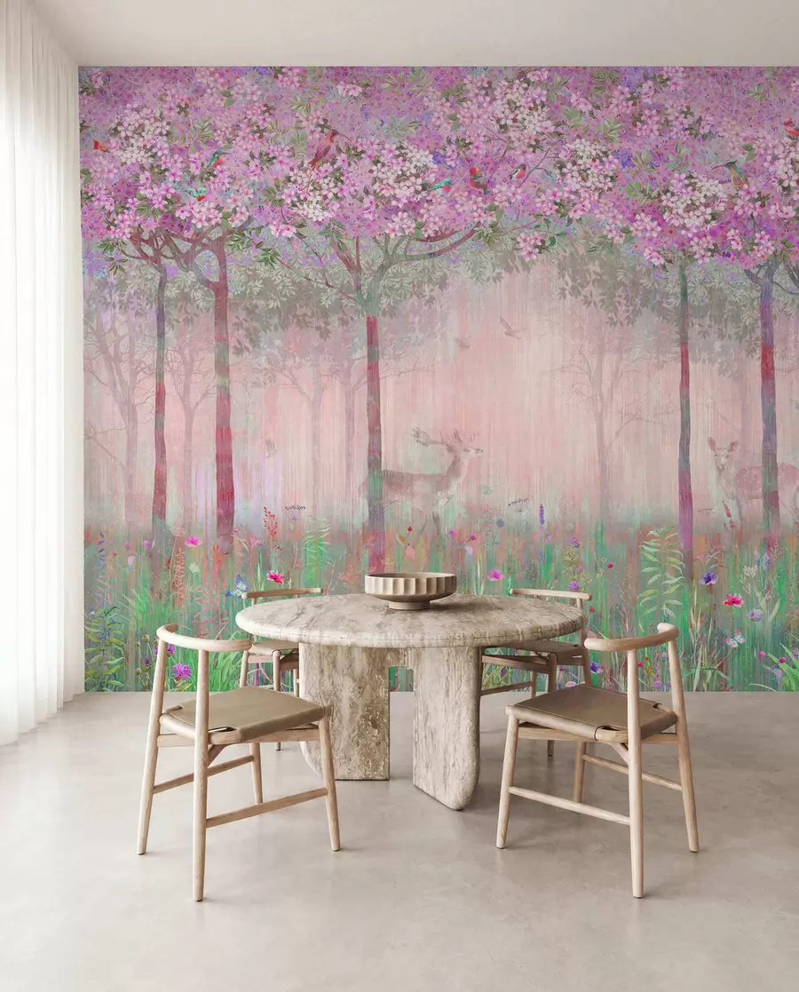 wall murals Flowering trees with long trunks, deer between the trees u62100v3