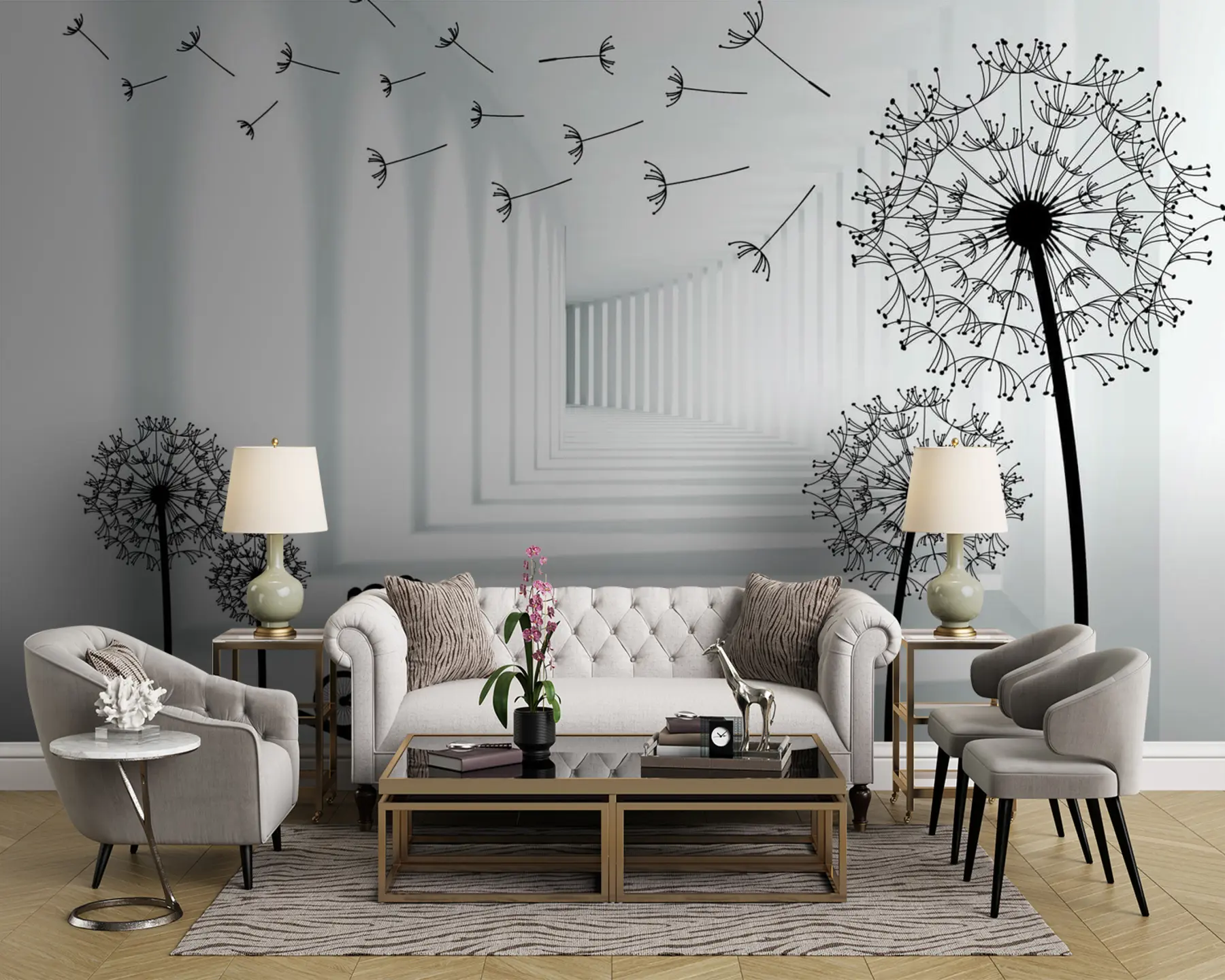 wall murals Silhouettes of dandelions in the tunnel u63551