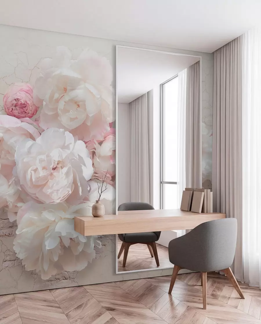 wall murals White peonies on a dilapidated wall u79549