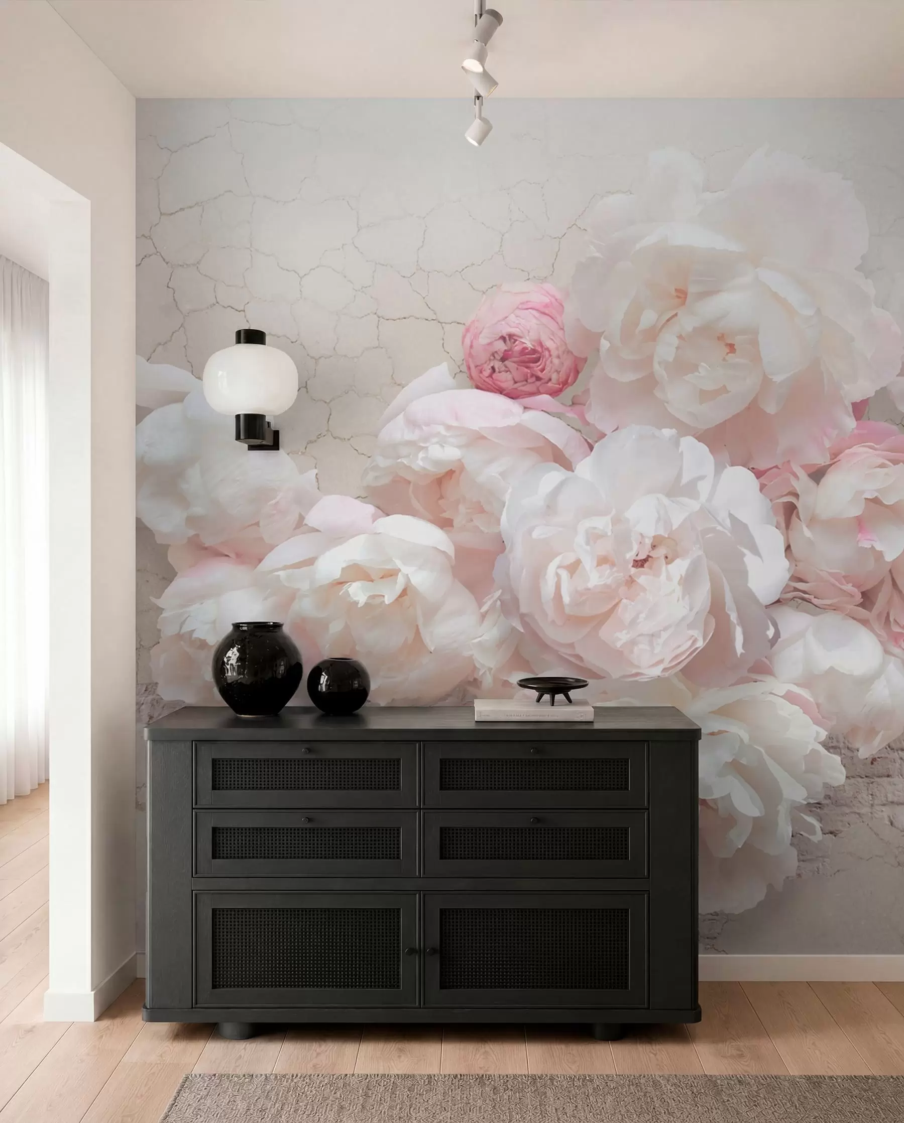 wall murals White peonies on a dilapidated wall u79549