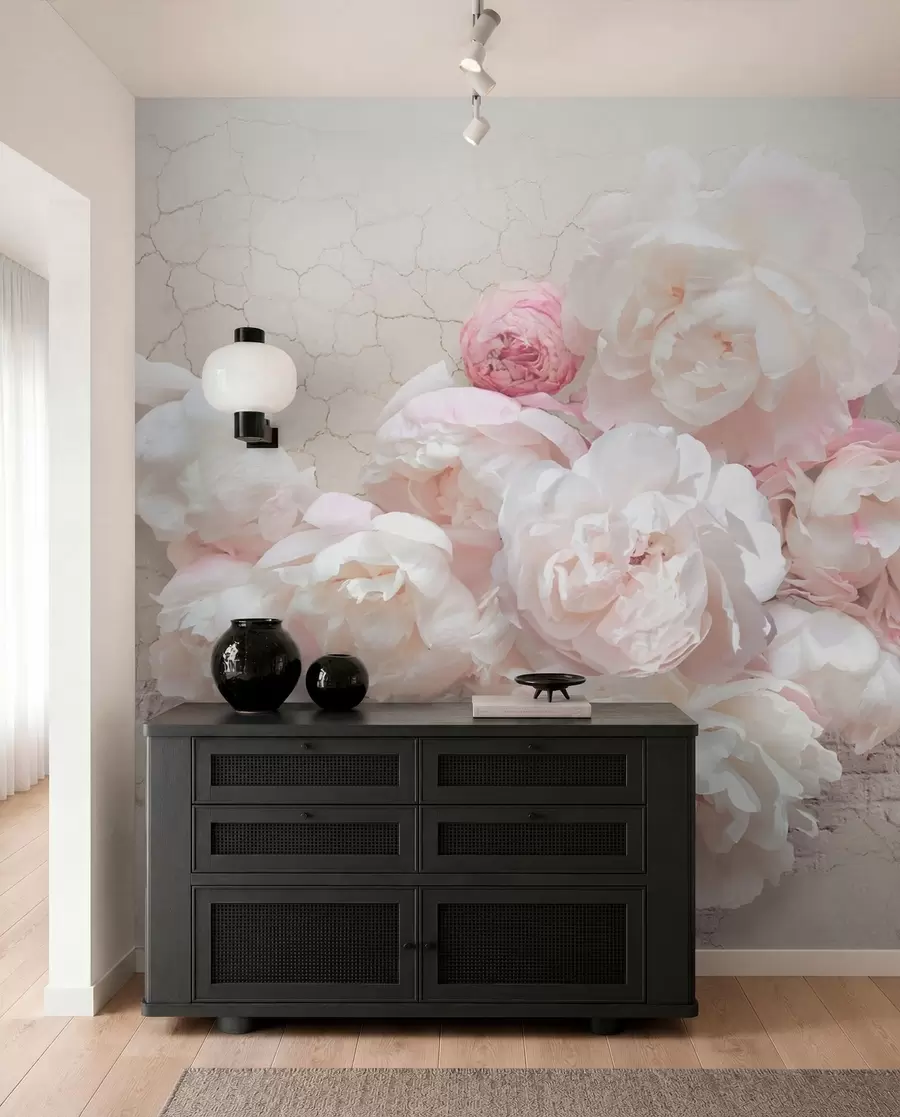 wall murals White peonies on a dilapidated wall u79549