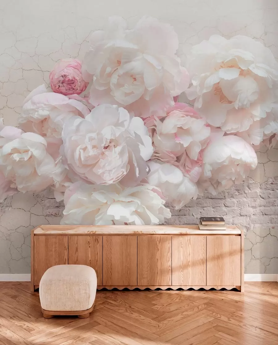 wall murals White peonies on a dilapidated wall u79549