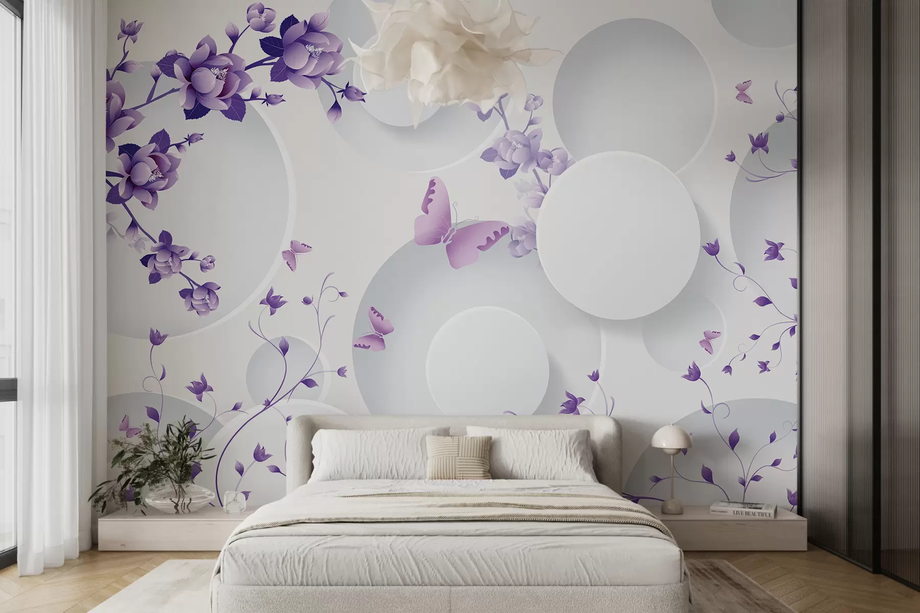 wall murals 3D forms with flowers and butterflies u74482