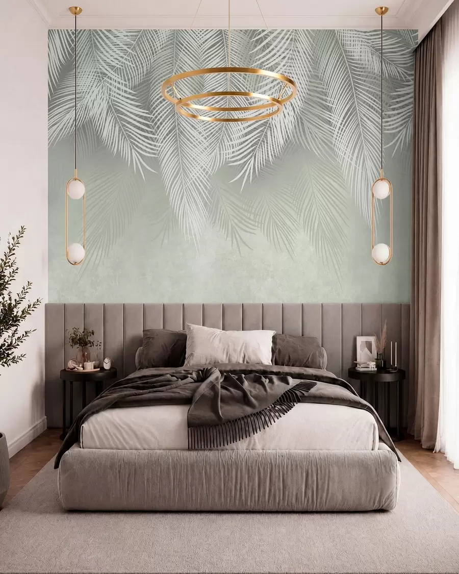 wall murals White palms of branches on a green background u74489