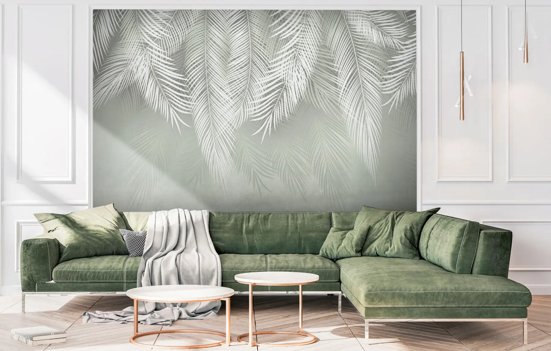 wall murals White palms of branches on a green background u74489