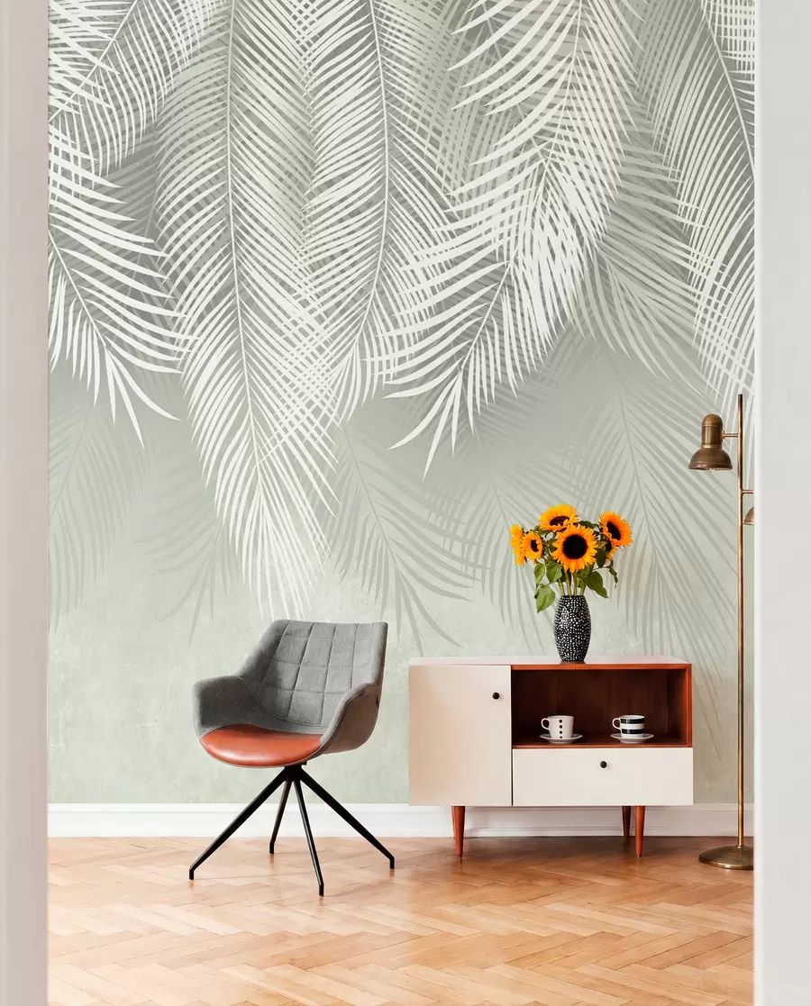 wall murals White palms of branches on a green background u74489