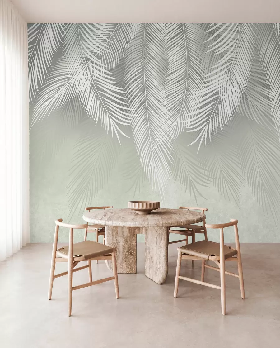 wall murals White palms of branches on a green background u74489