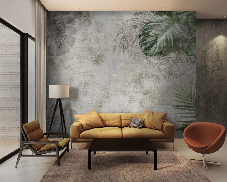 wall murals Tropical leaves on an aged wall u93964