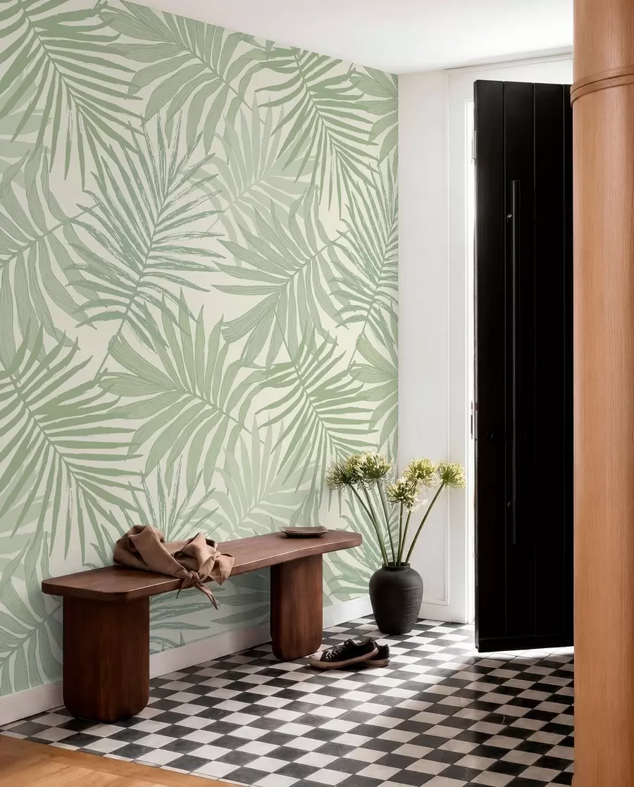 wall murals Tropical foliage in pastel olive-green tones u74826