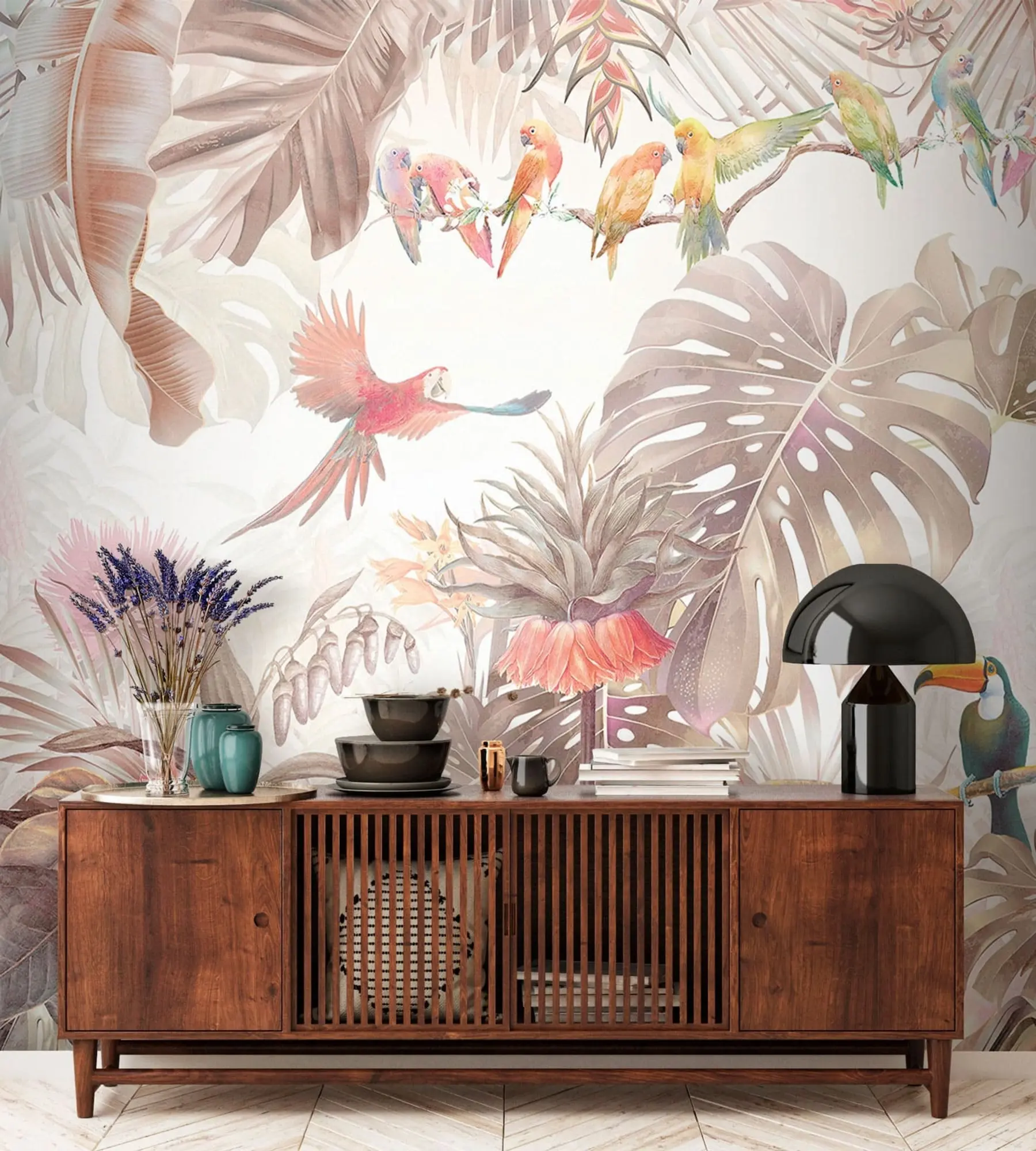 wall murals Bright birds and parrots in the tropics u74490