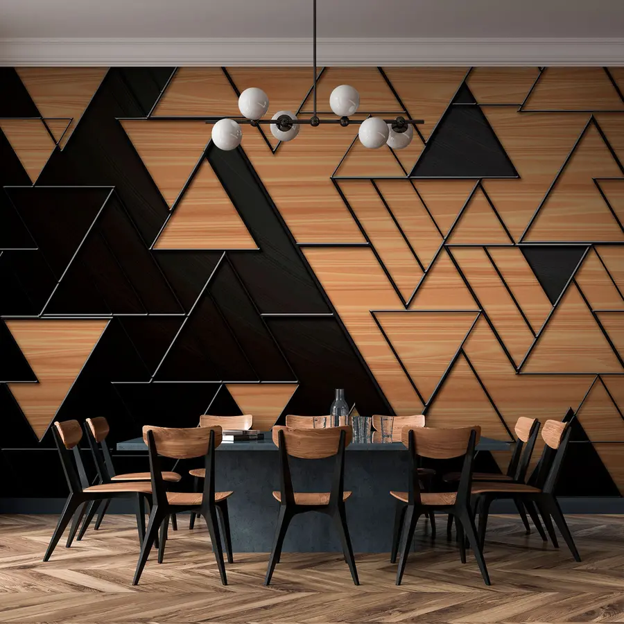 wall murals 3D dark gray and wood grain triangles with embossed lines u75167