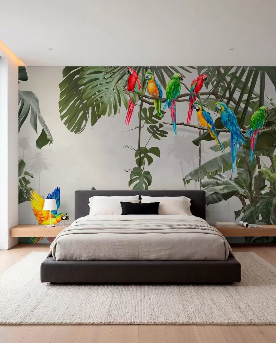 wall murals Parrots on branches in the tropical forest u94072