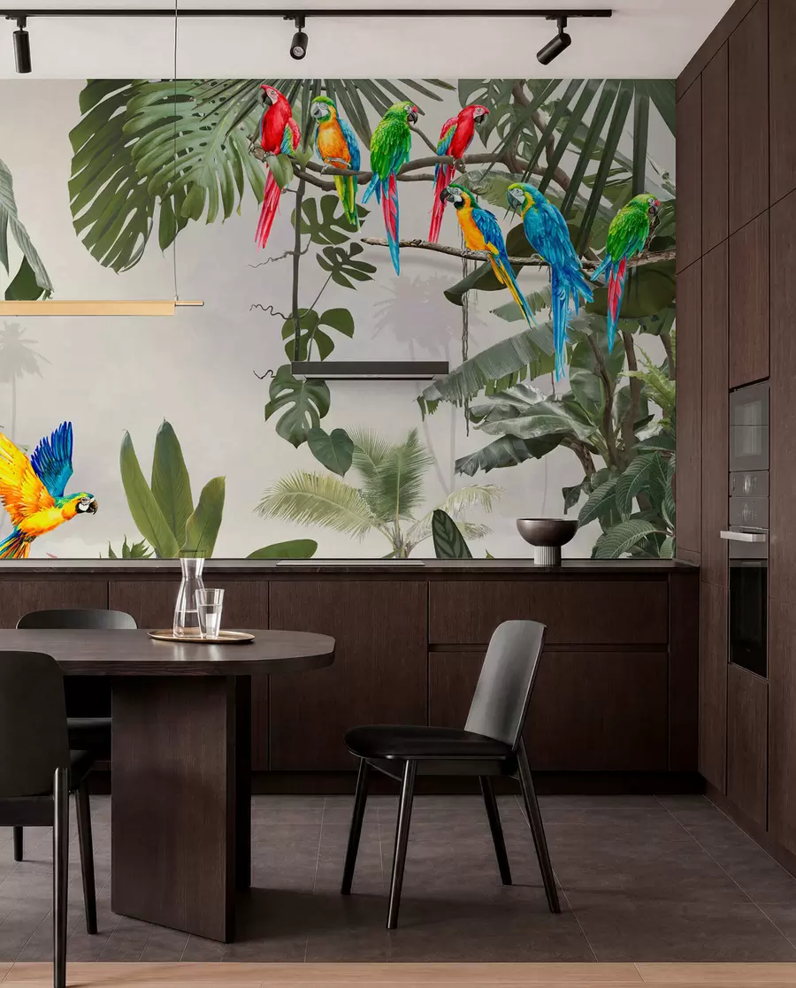 wall murals Parrots on branches in the tropical forest u94072