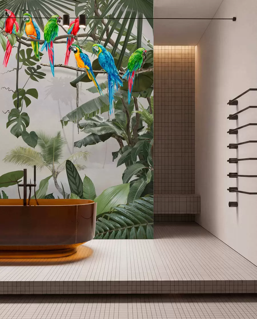 wall murals Parrots on branches in the tropical forest u94072