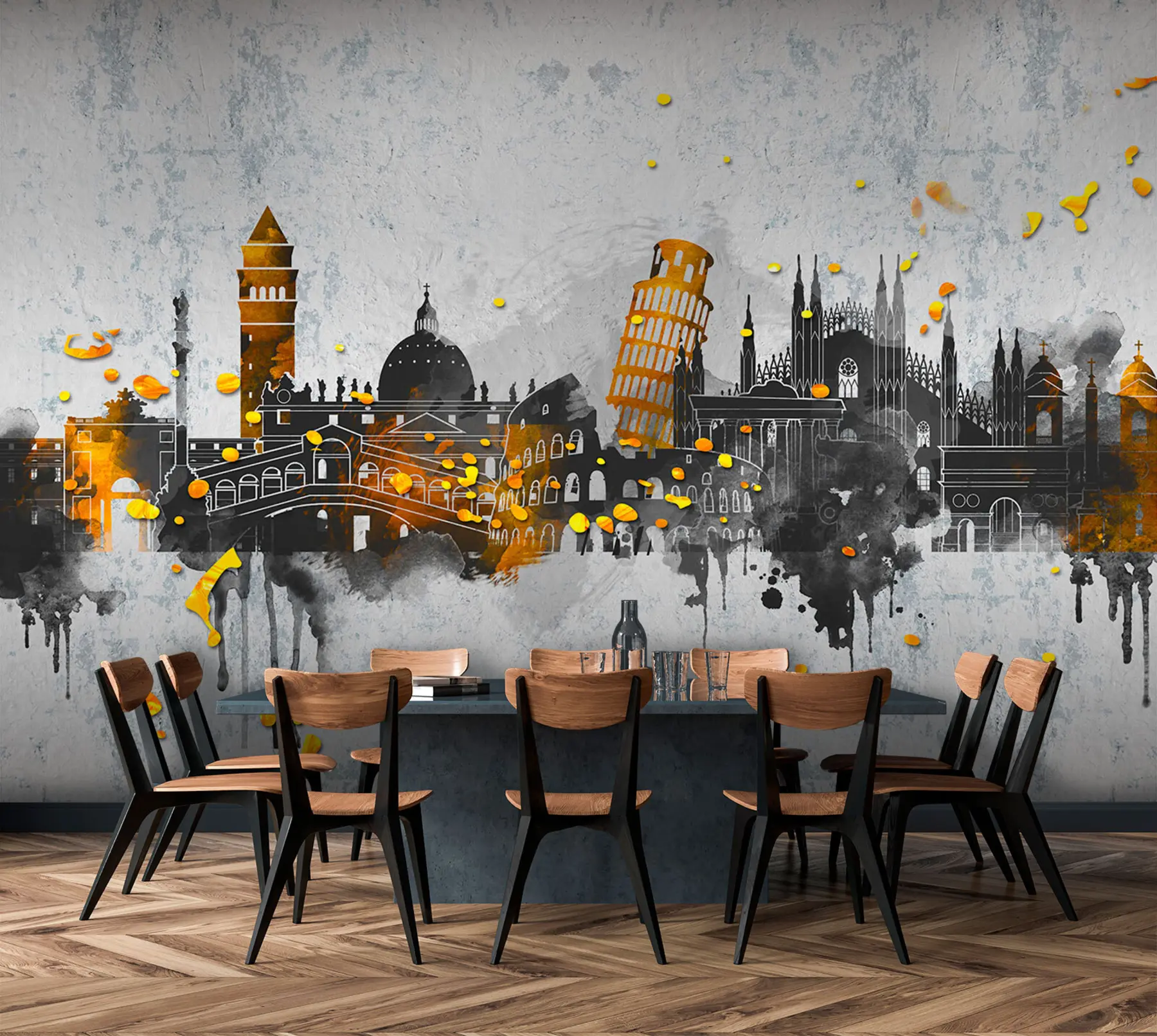 wall murals Dark silhouettes of attractions of famous cities u74881