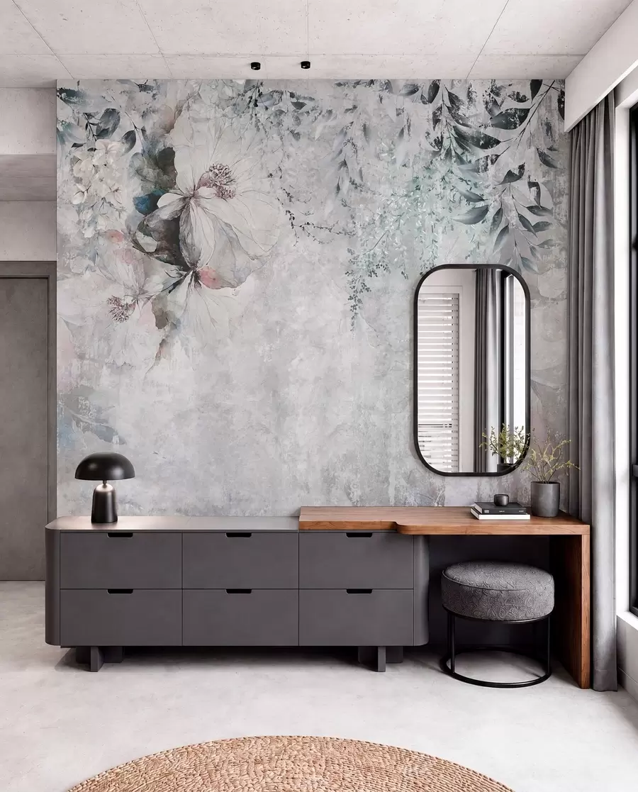 wall murals Grunge style with branches and white buds u74746