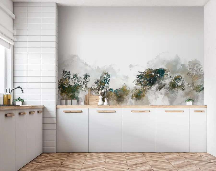 wall murals Watercolor landscape with watercolor paint tree u75377