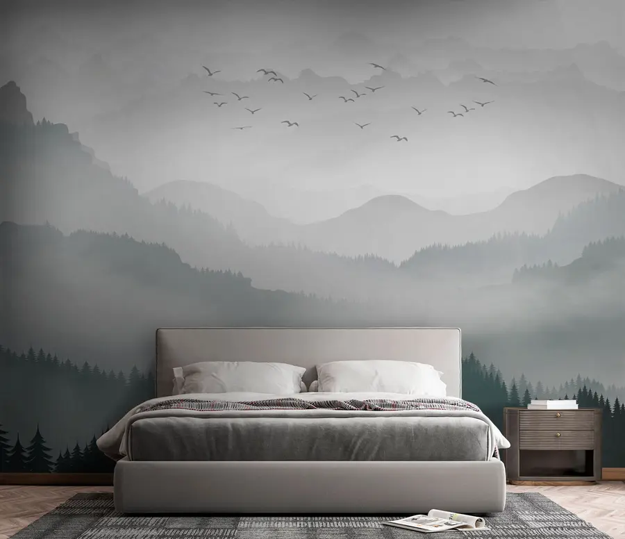 wall murals Mountains in the fog and a pack of birds u94300