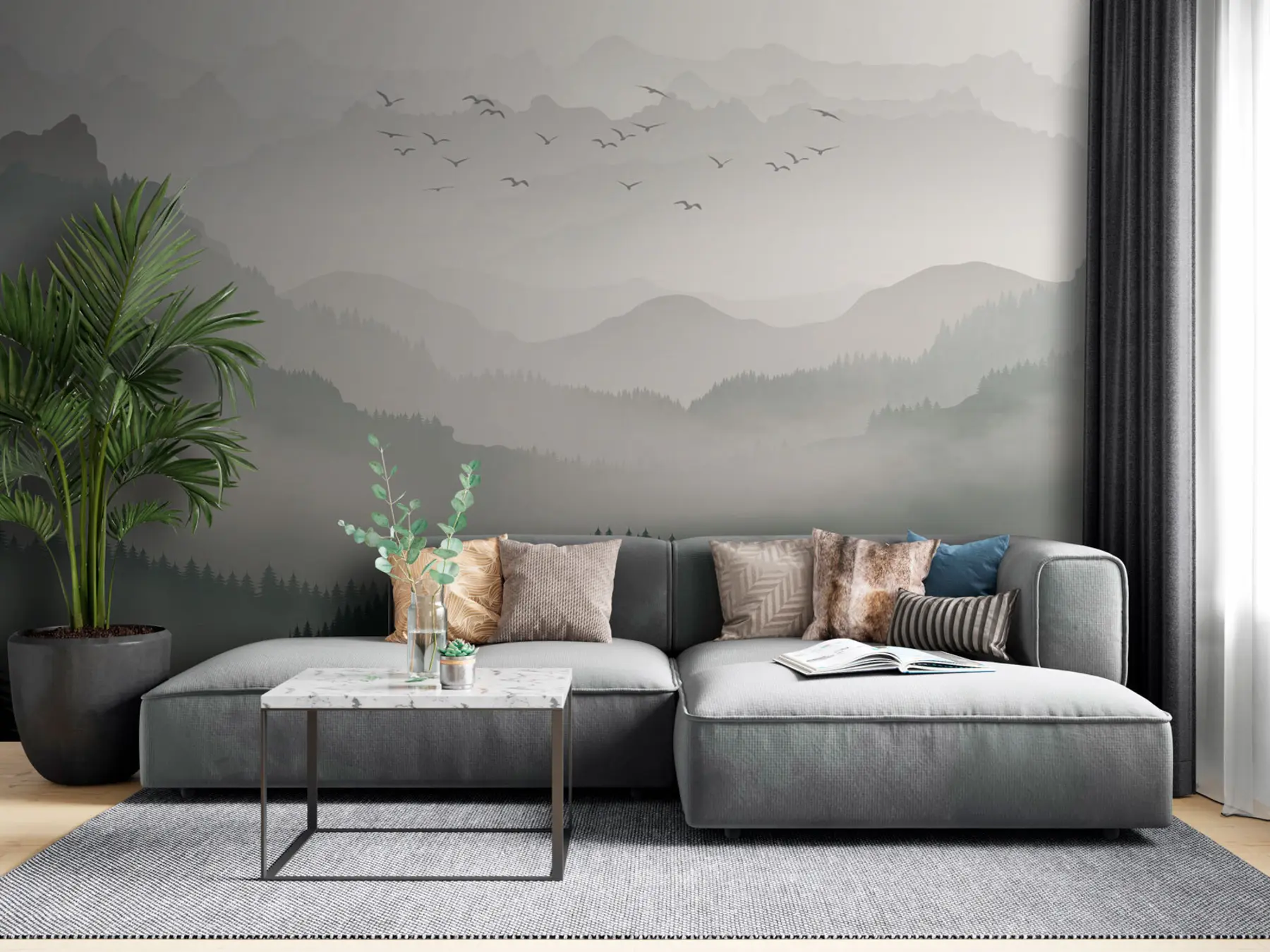 wall murals Mountains in the fog and a pack of birds u94300