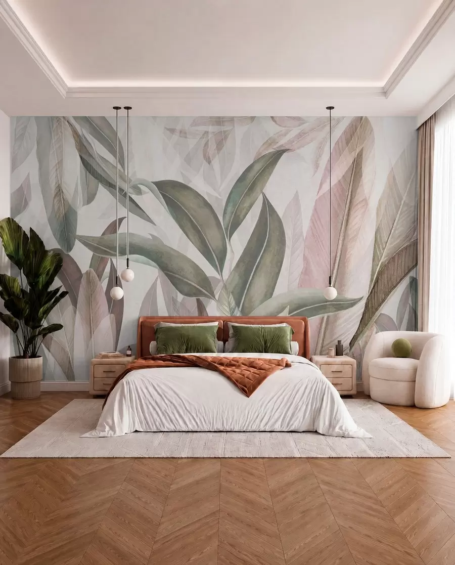 wall murals Green and pink palm leaves u94302