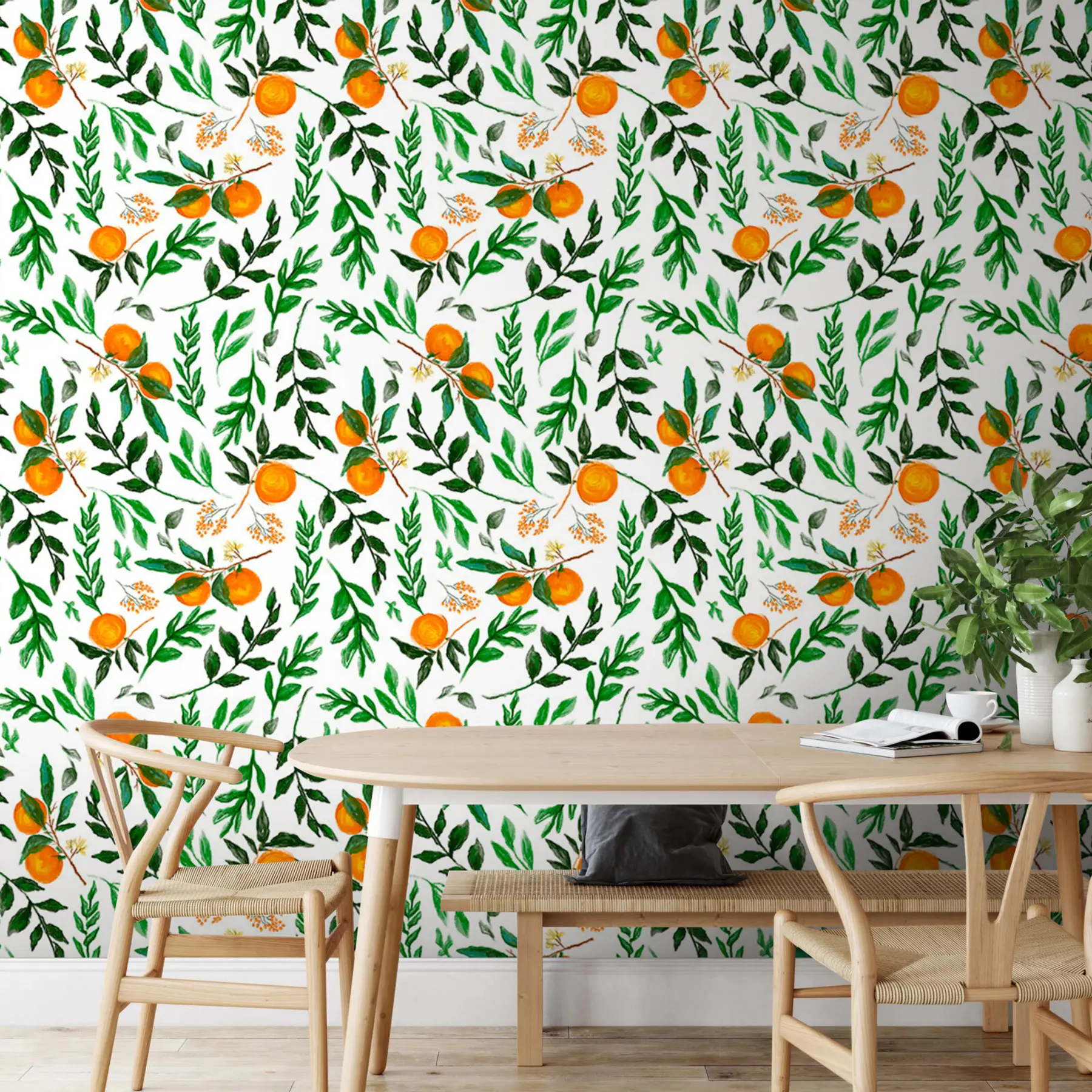 wall murals Orange pattern, wallpaper design with leaves and fruits u94333