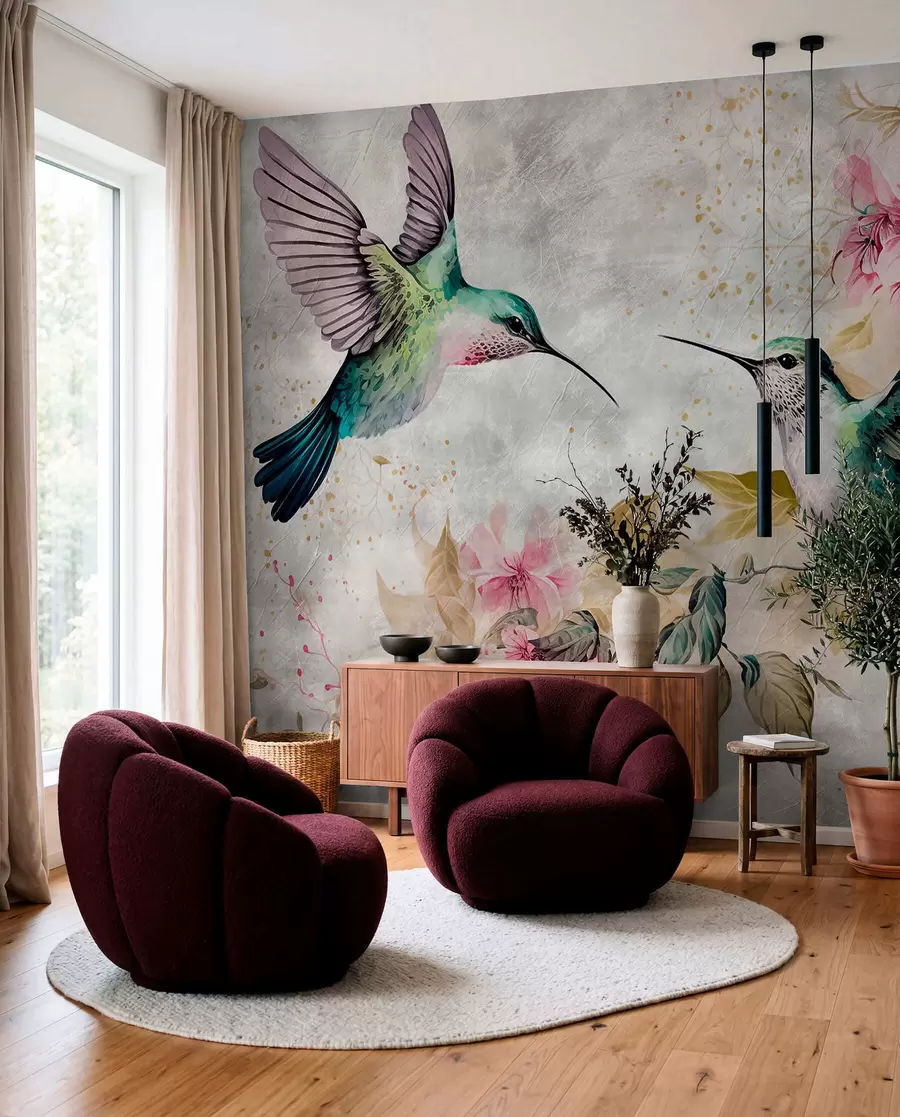 wall murals Watercolor hummingbirds on a branch u93994