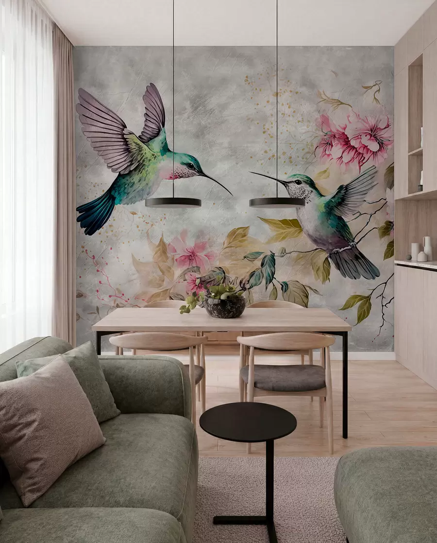 wall murals Watercolor hummingbirds on a branch u93994