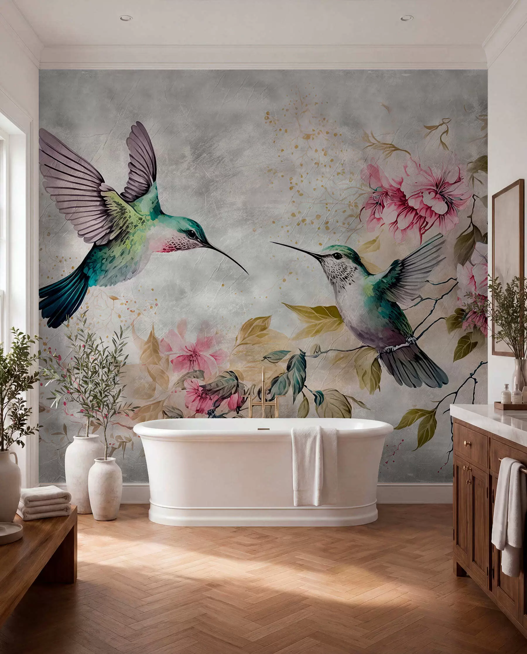 wall murals Watercolor hummingbirds on a branch u93994