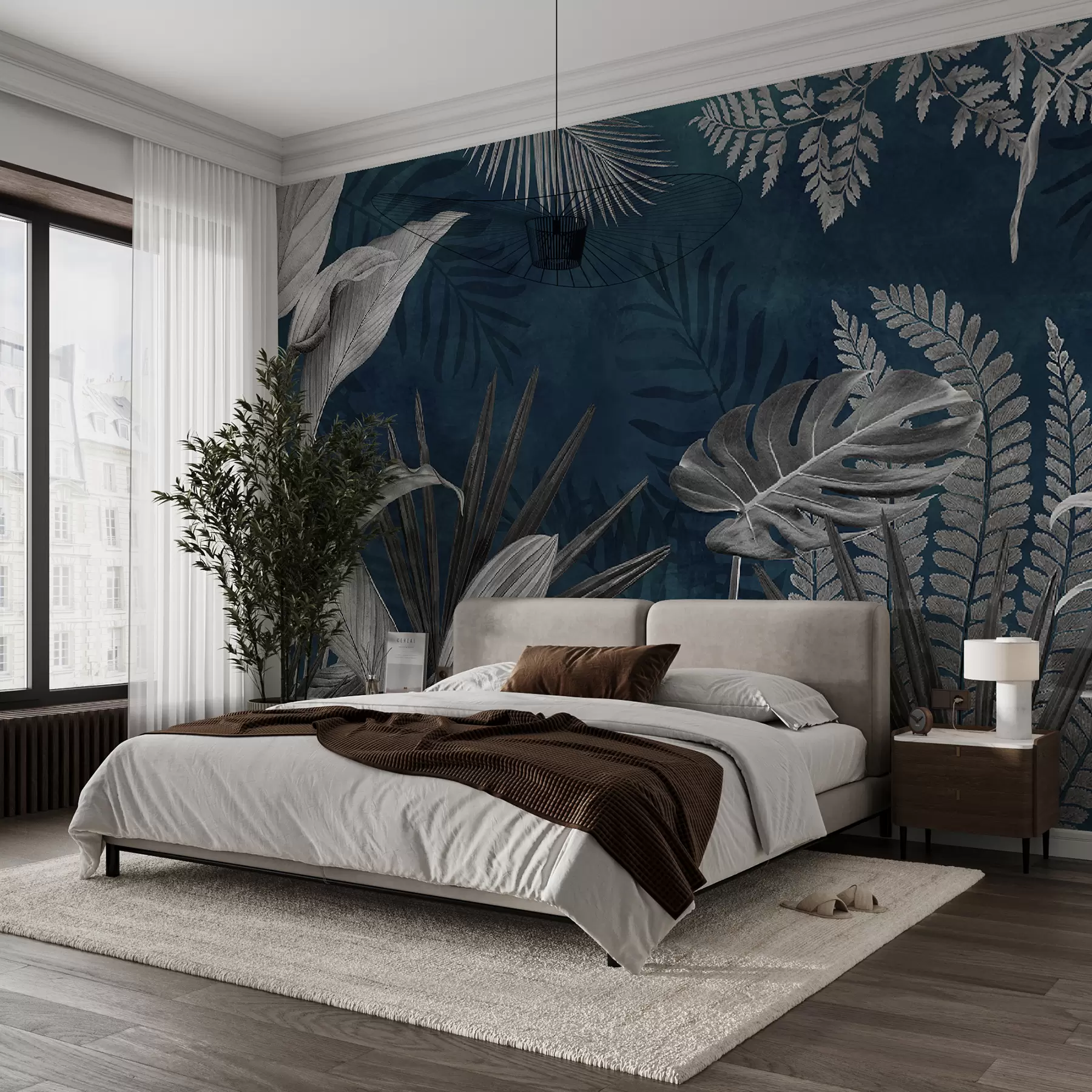 wall murals Tropical leaves on blue background in grunge style u94419