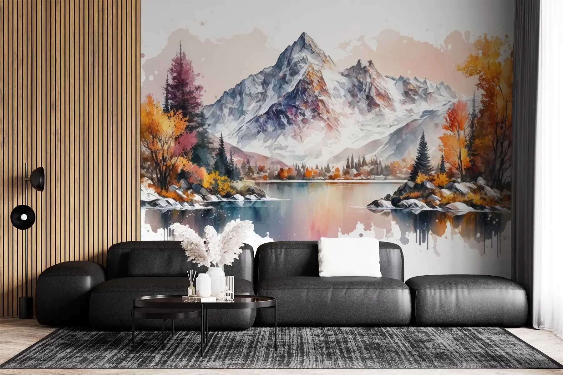 wall murals Watercolor mountain autumn landscape with snow on the peaks u94782
