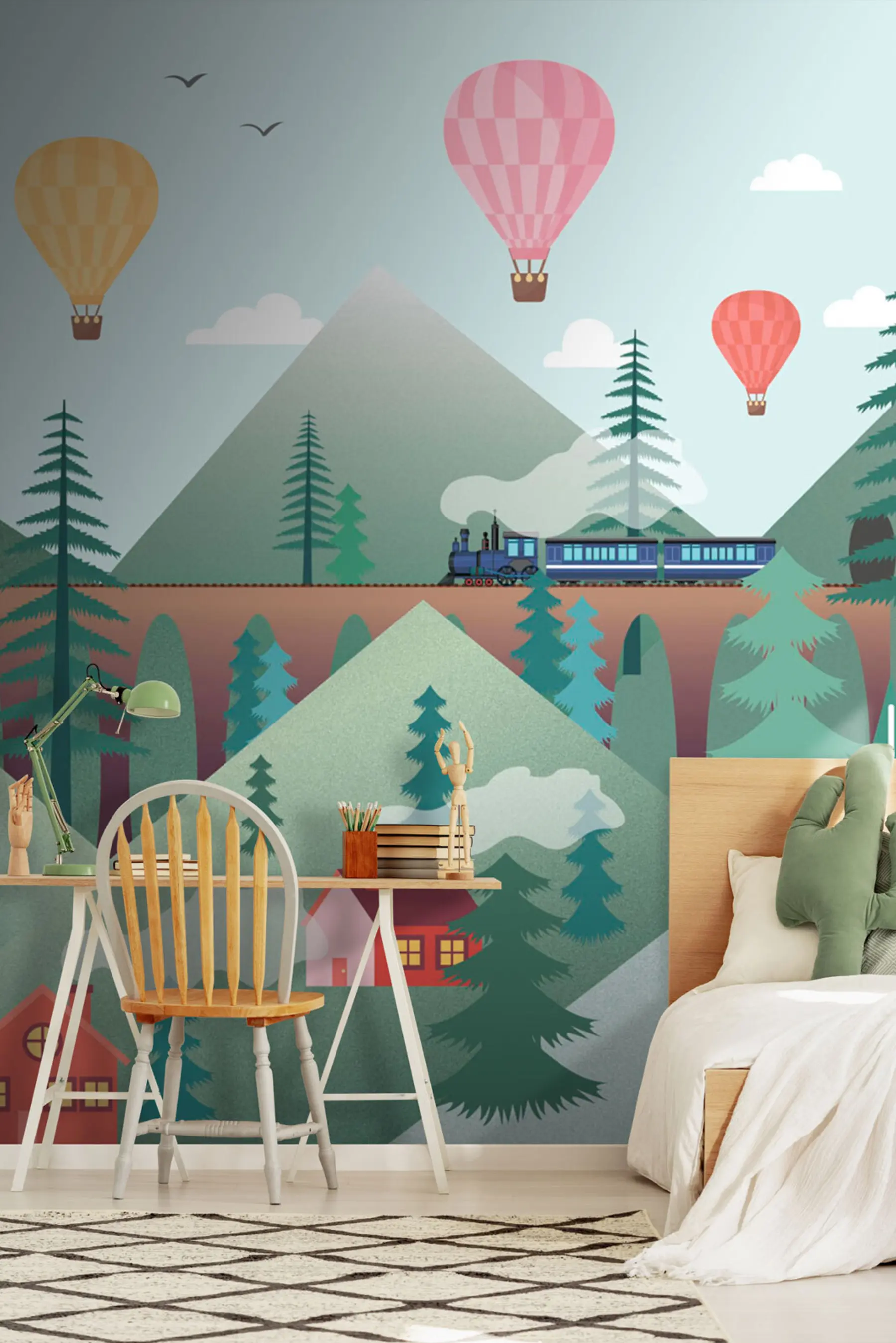 wall murals Green mountains and a village in the Scandinavian style u94615