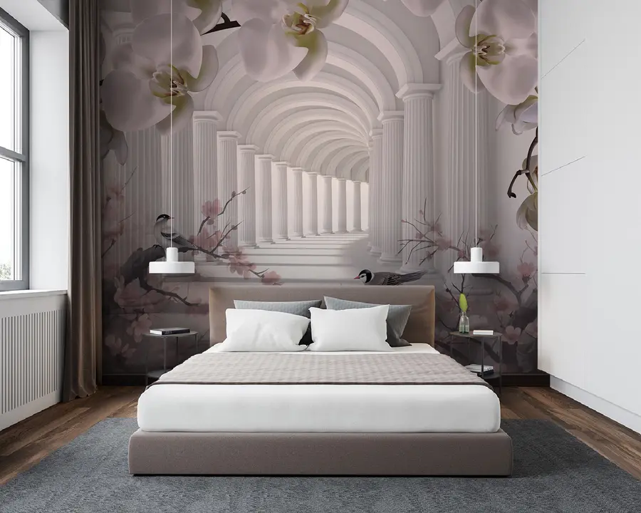 wall murals Beautiful tunnel with birds and orchids u94513