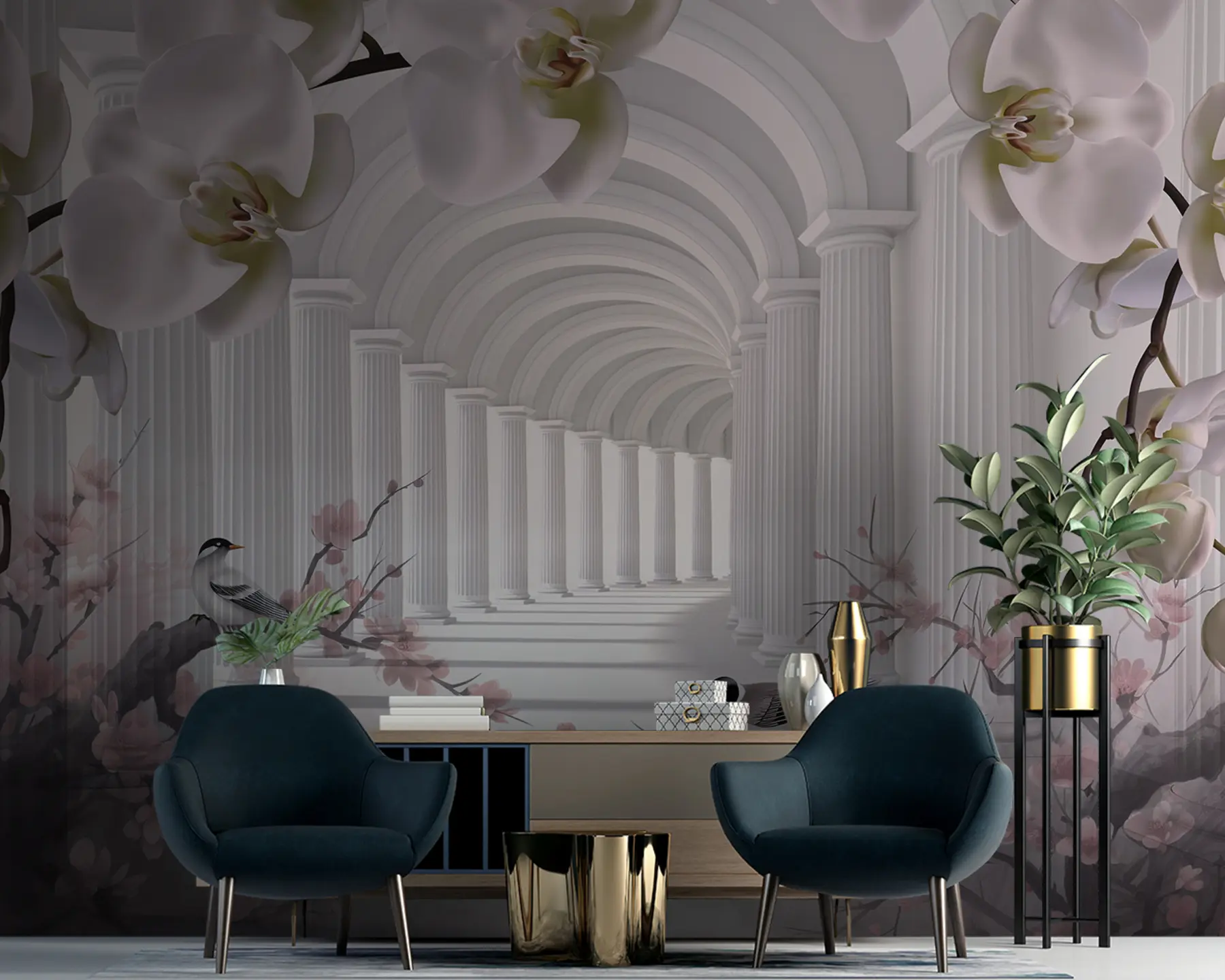 wall murals Beautiful tunnel with birds and orchids u94513
