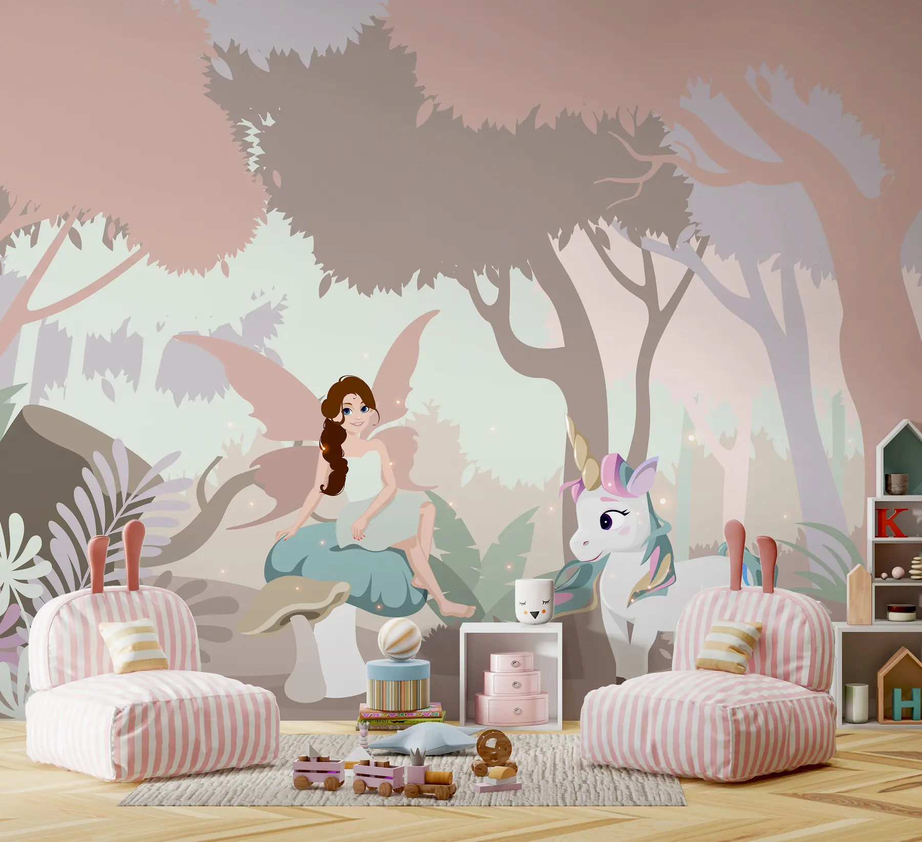 wall murals Princess with unicorn in pink forest u95038