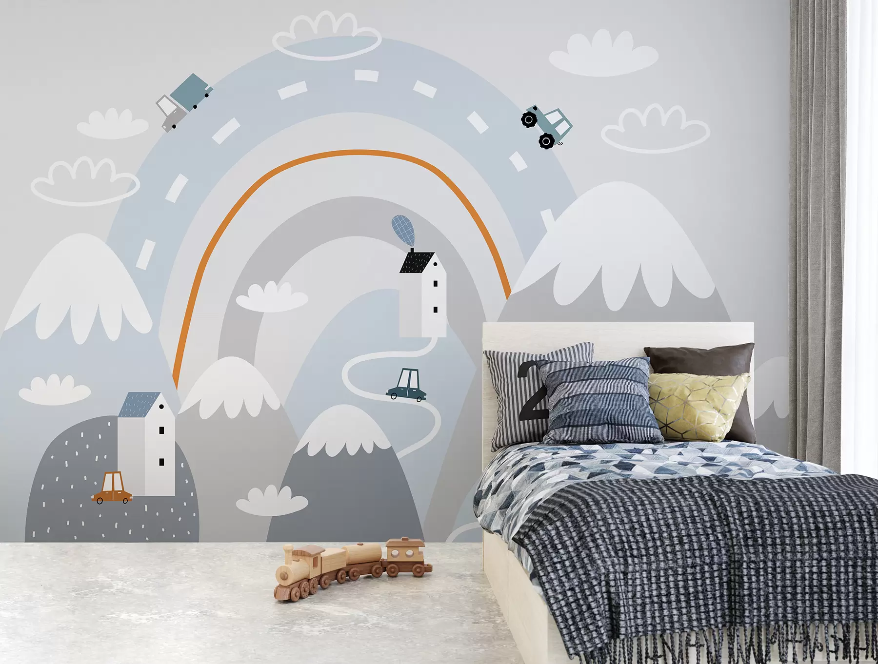 wall murals City in the mountains, cute houses in the Scandinavian style u95045