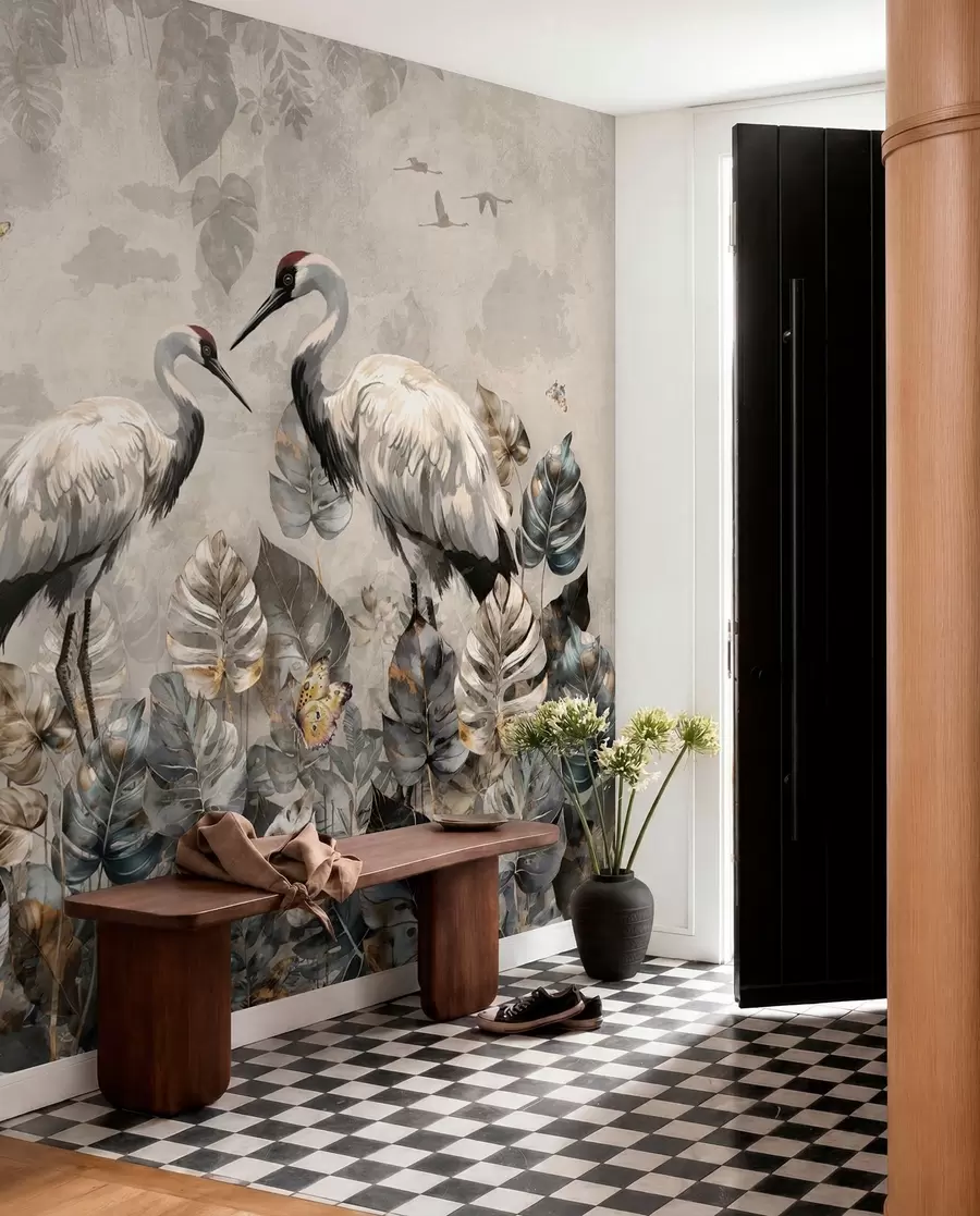 wall murals Two cranes on a grunge texture u94625