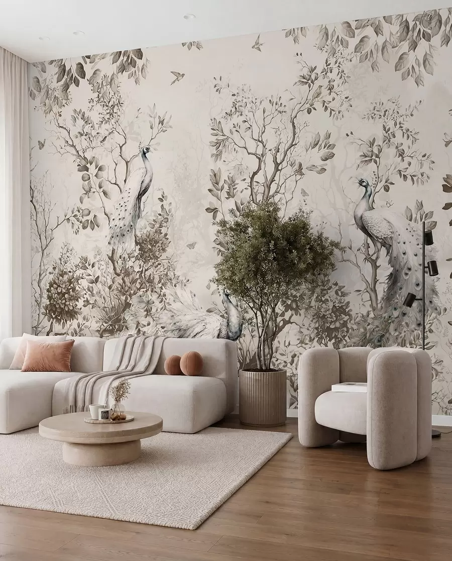 wall murals A garden with fragile birds, peacocks u94850