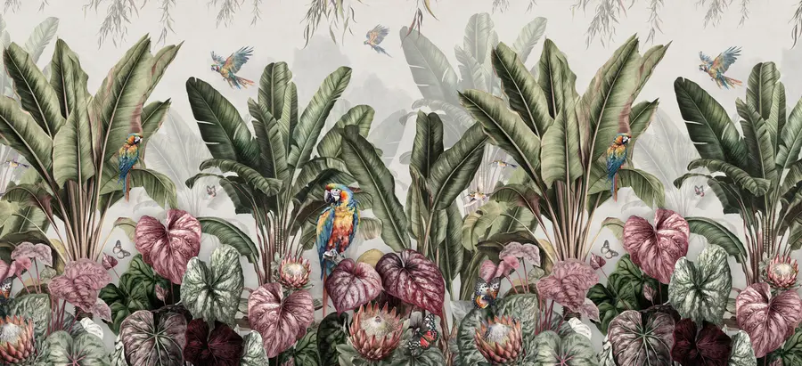 wall murals Tropical banana palms in a landscape with macaws and butterflies in vintage style u95371