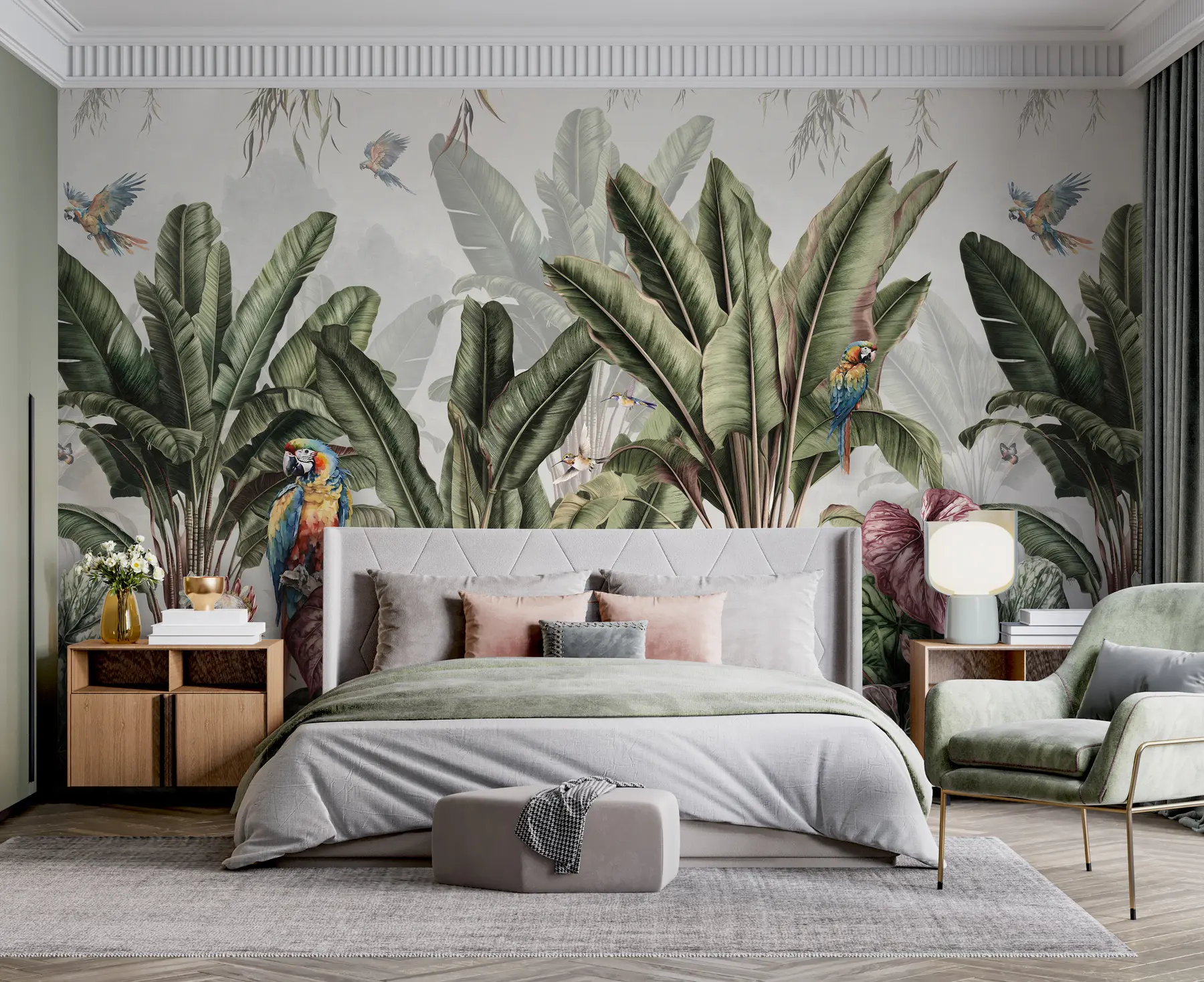 wall murals Tropical banana palms in a landscape with macaws and butterflies in vintage style u95371